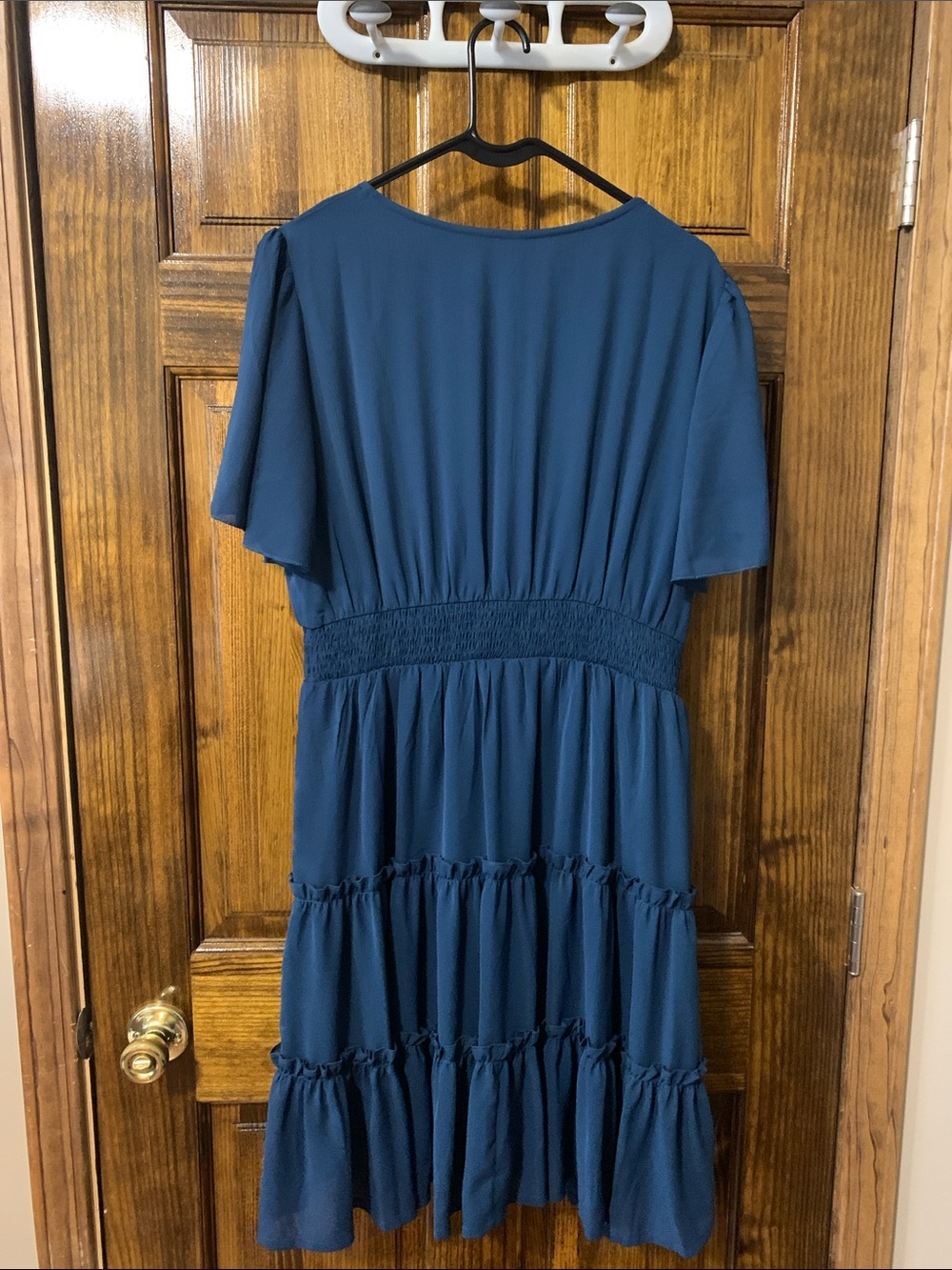 Teal V-Neck Smocked Waist Tiered Midi Dress - Picture 3 of 3